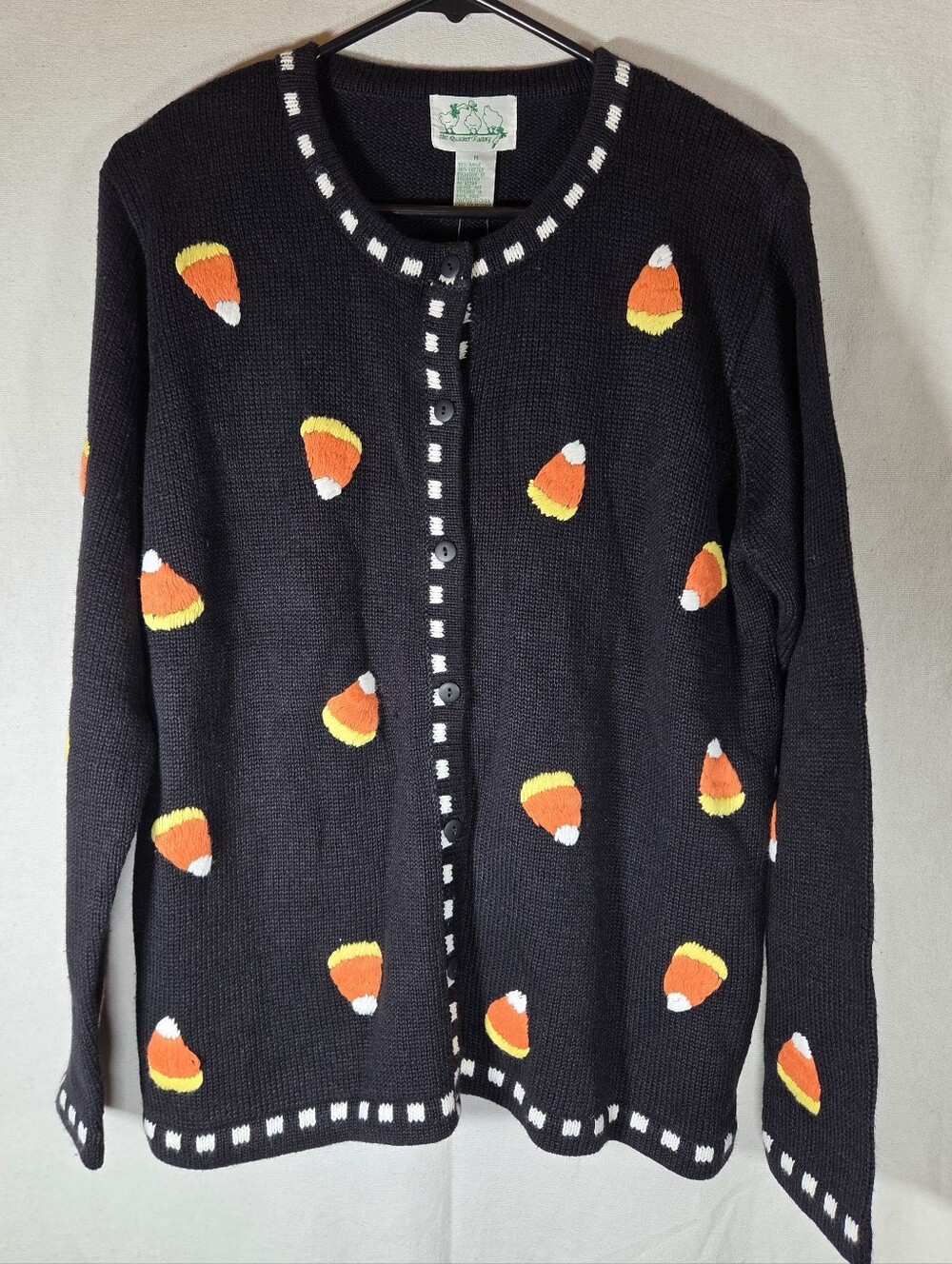 Vtg Quacker Factory Halloween Candy Corn Cardigan Sweater Black Knit Womans Sz M
